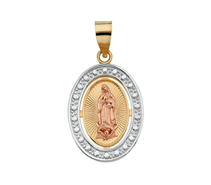 Rhodium-Plated 14k Yellow and Rose Gold Tri-Color Our Lady of Guadalupe Oval Pendant (15.5x12.75 MM)