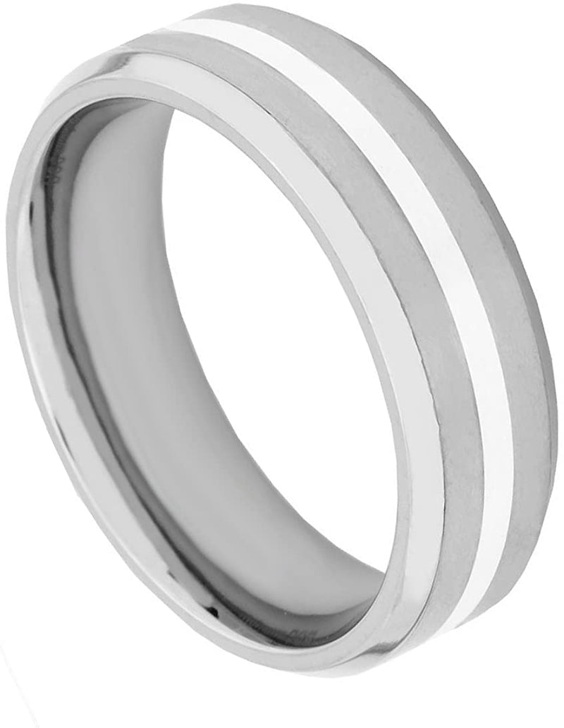 Men's Satin Titanium, Sterling Silver Inlay 7mm Comfort-Fit Band, Size 9