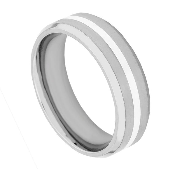 Men's Satin Titanium, Sterling Silver Inlay 7mm Comfort-Fit Band