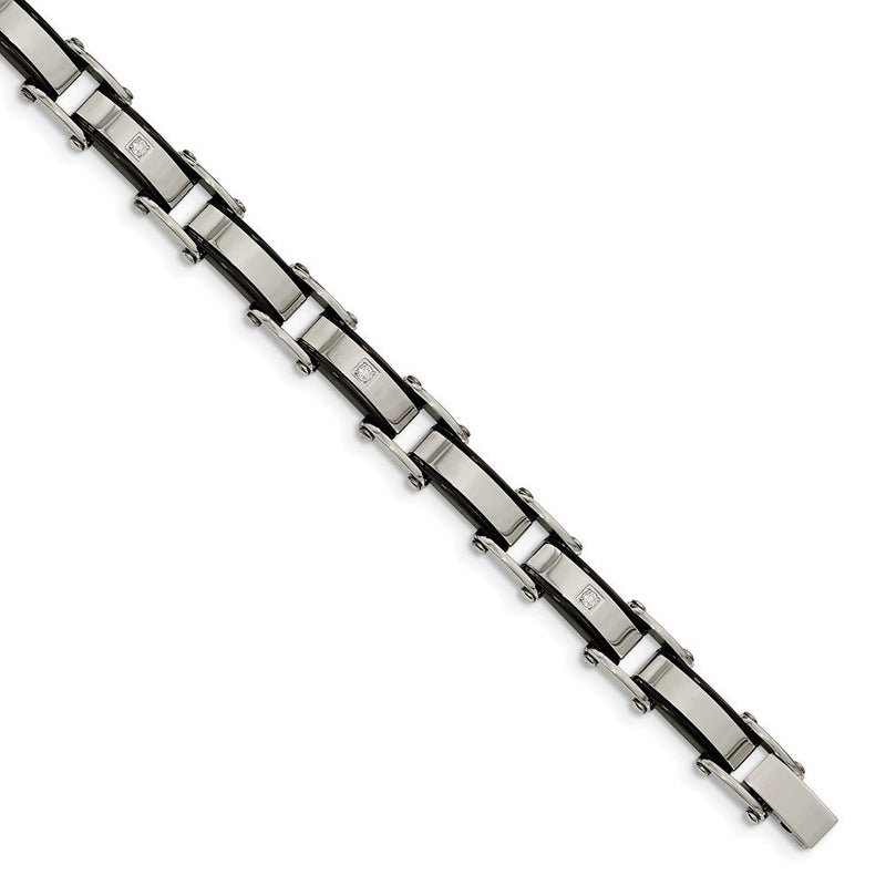 Men's Polished Stainless Steel Black IP-Plated and CZ Link Bracelet, 8"