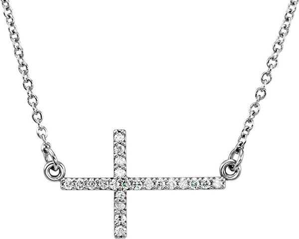 22-Stone Diamond Sideways Cross Platinum Pendant Necklace, 16-18" (1/10 Cttw)