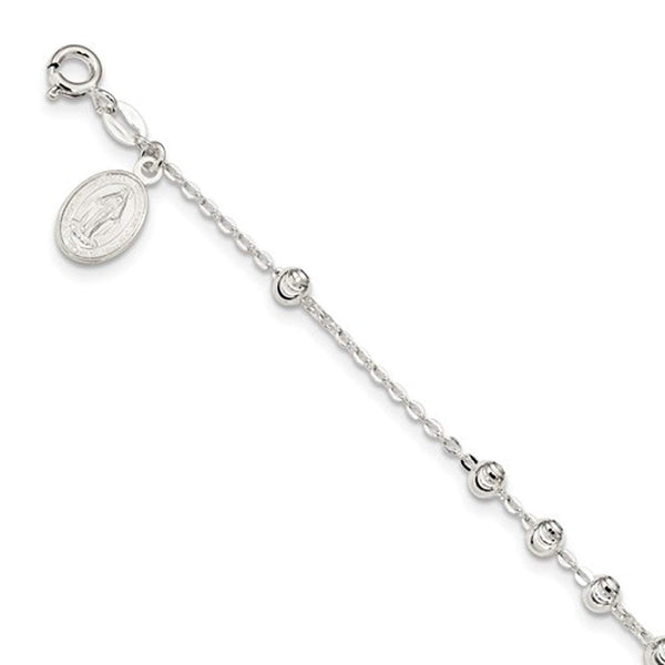 Sterling Silver Diamond-Cut Beaded Miraculous Medal Bracelet, 7.5"