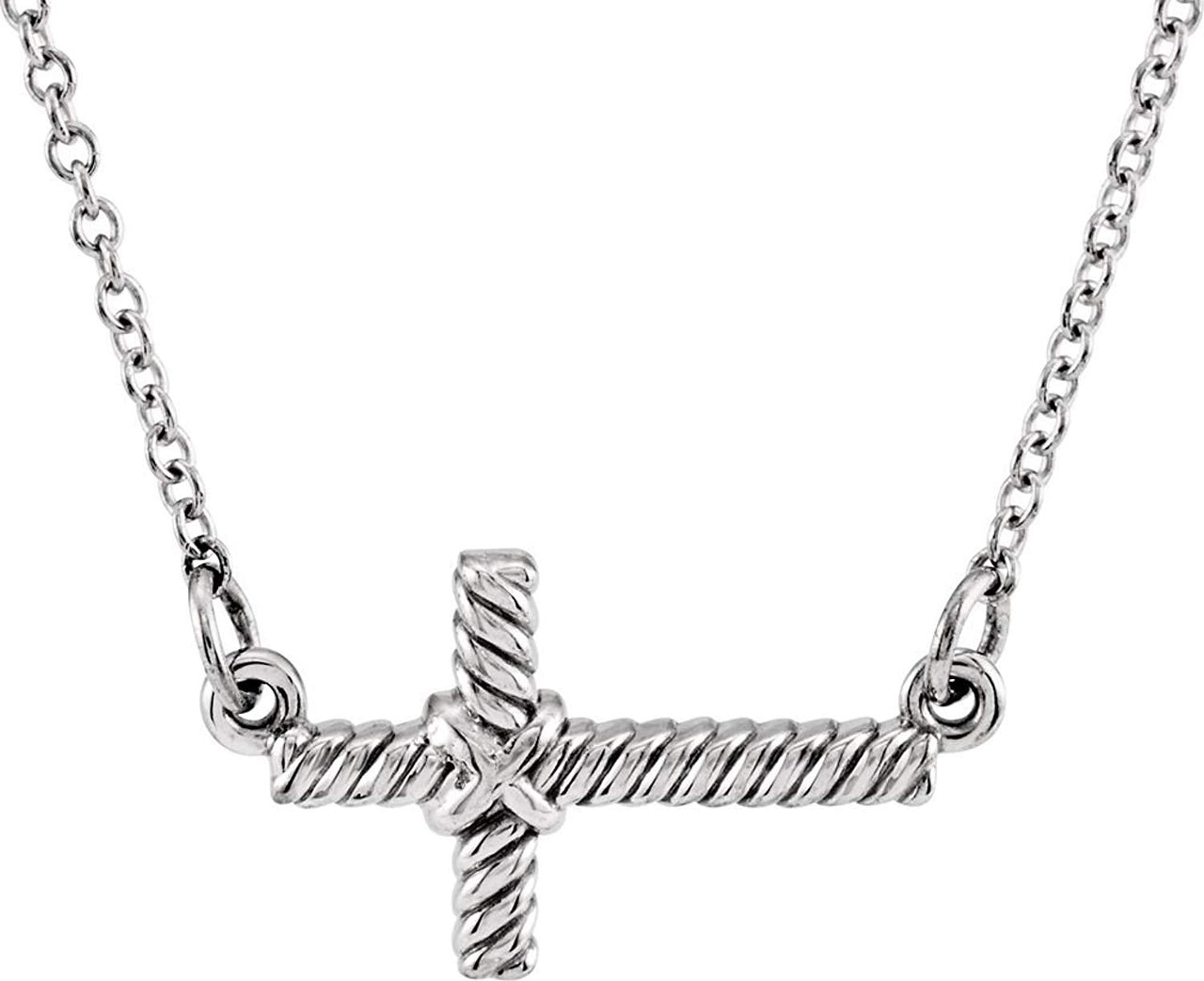 Rope-Trim Sideways Cross Necklace, Rhodium-Plated 14k White Gold, 16.5" (8.65x16MM)