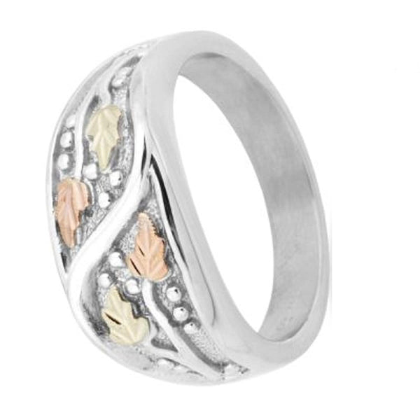 Men's Frosty Leaves Ring, Sterling Silver, 12k Green and Rose Gold Black Hills Gold Motif, Size 10.5