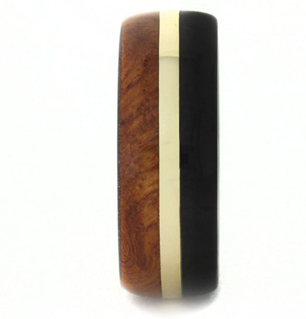 African Blackwood, Amboyna Wood, 14k Yellow Gold 8mm Comfort-Fit Titanium Ring, Size 7.75