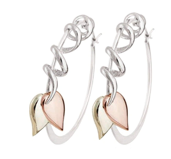 Curling Vine Leaf Hoop Earrings, Rhodium Plated Sterling Silver, 10k Green and Rose Gold