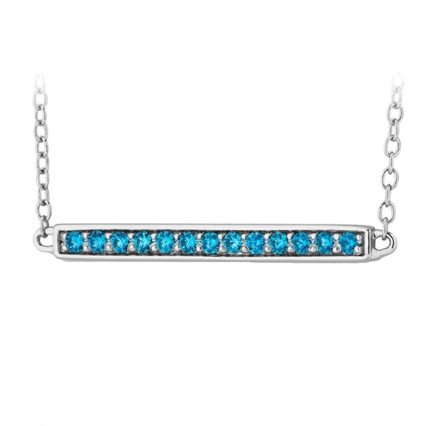 Aqua Blue CZ Bar Pendant Rhodium Plated Sterling Silver Necklace, 18"