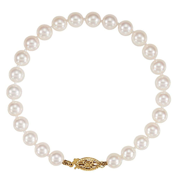 White Akoya Cultured Pearl Strand Bracelet in 14k Yellow Gold, 7" (6-6.5 MM)