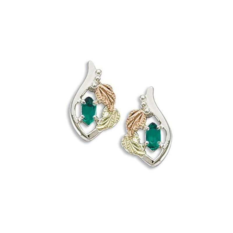 Ave 369 Created Soude Emerald Marquise May Birthstone Earrings, Sterling Silver, 12k Green and Rose Gold Black Hills Gold Motif