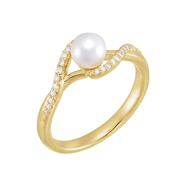 White Freshwater Cultured Pearl, Diamond Bypass Ring, 14k Yellow Gold (5-5.5mm)(0.1 Ctw, G-H color, I1 Clarity)