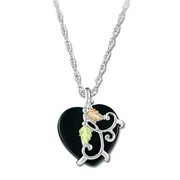 Onyx Heart Filigree Pendant Necklace, Sterling Silver, 12k Green and Rose Gold Black Hills Gold Motif, 18''