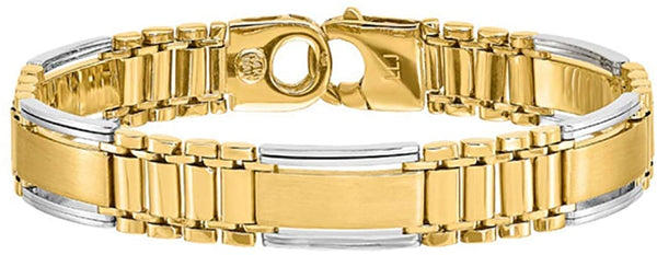 Men's Italian Two-Tone Polished and Satin 14k Yellow and White Gold Bar and 11.5mm Panther Link Bracelet, 8 Inches