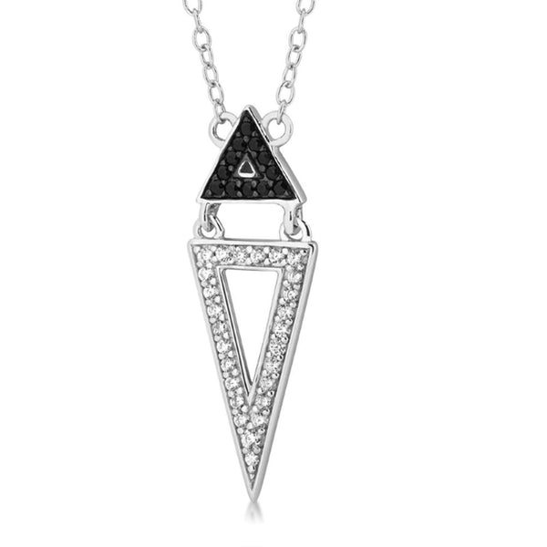 Black and White CZ Double Triangle Pendant Rhodium Plated Sterling Silver Necklace, 18"