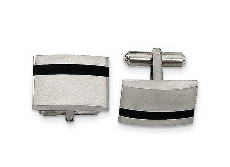 Stainless Steel Satin-Brushed Black Rubber Rectangle Cuff Links, 14X21MM