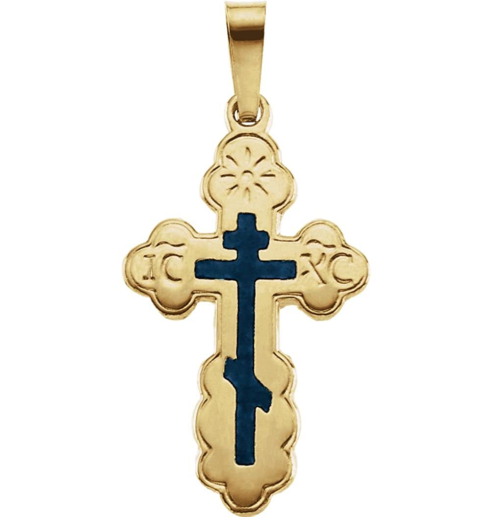 Orthodox Cross with Blue Enamel 14k Yellow Gold Pendant