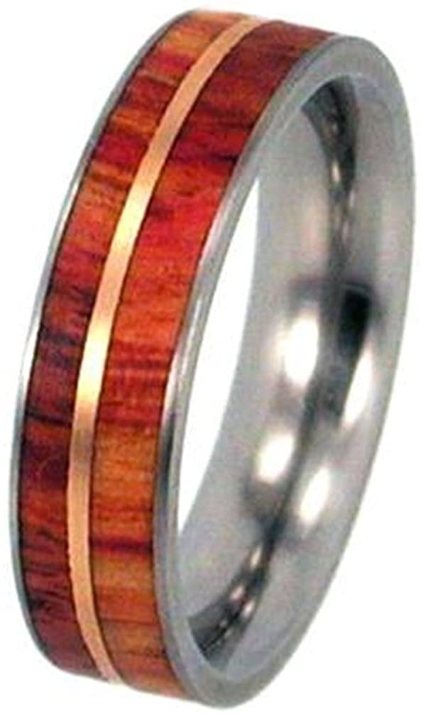 Tulip Wood, 12k Rose Gold Inlay 6.5mm Comfort Fit Titanium Wedding Band, Size 10