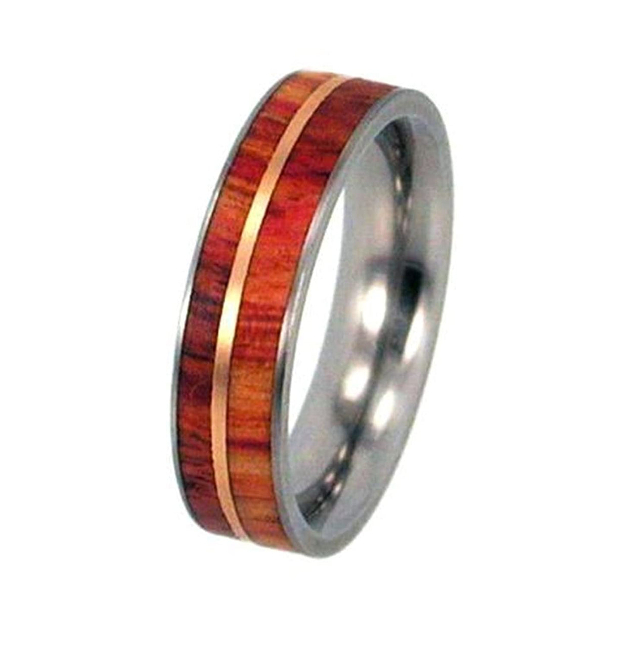 Tulip Wood, 12k Rose Gold Inlay 6.5mm Comfort Fit Titanium Wedding Band, Size 15