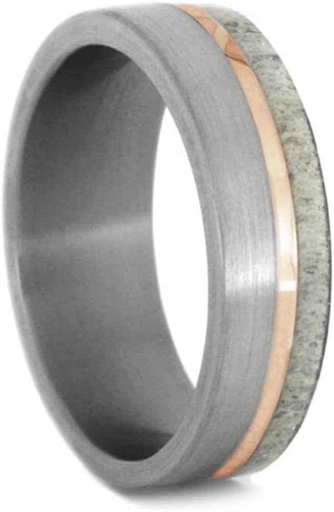 Deer Antler, 14k Rose Gold 6mm Brushed Titanium Comfort-Fit Wedding Ring, Size 8.25