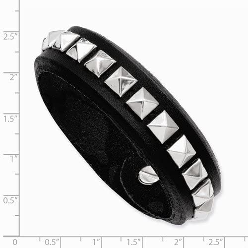 Men's Black Leather with Studs Adjustable 16mm Stainless Steel Push Clasp Bracelet, 9 Inches
