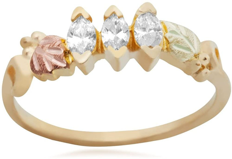 Oval Diamond Anniversary Ring, 10k Yellow Gold, 12k Green and Rose Gold Black Hills Gold Motif, Size 8.75