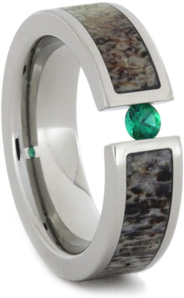 Tension Set Emerald and Deer Antler 6mm Comfort-Fit Titanium Wedding Band, Size 11.75