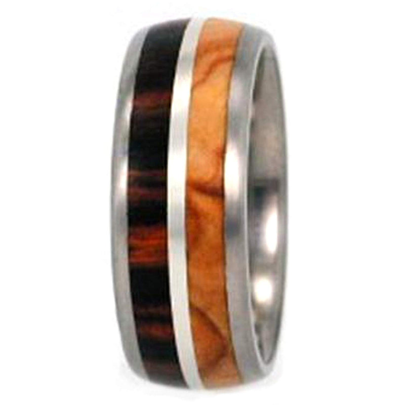 Ironwood, Olive Wood, Sterling Silver Pinstripe 8mm Comfort-Fit Titanium Wedding Band, Size 10