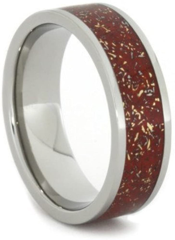 Meteorite Shavings Red, Orange, Yellow Inlay 7mm Comfort-Fit Titanium Ring, Size 8.5