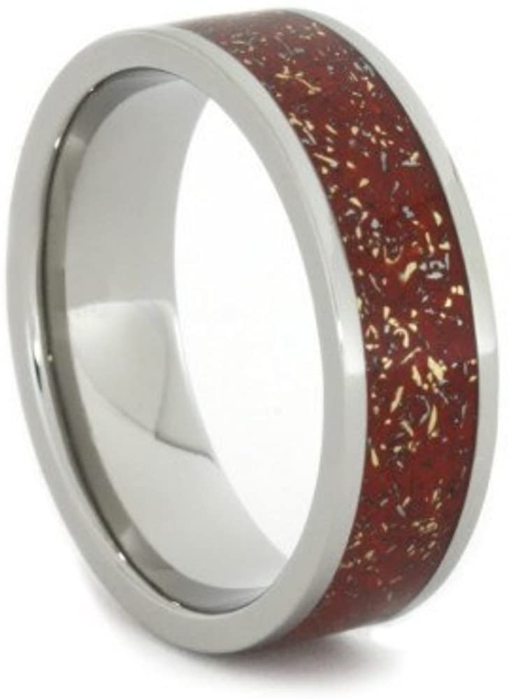 Meteorite Shavings Red, Orange, Yellow Inlay 7mm Comfort-Fit Titanium Ring, Size 11