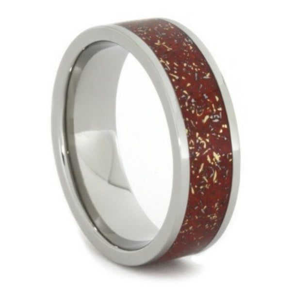 Meteorite Shavings Red, Orange, Yellow Inlay 7mm Comfort-Fit Titanium Ring