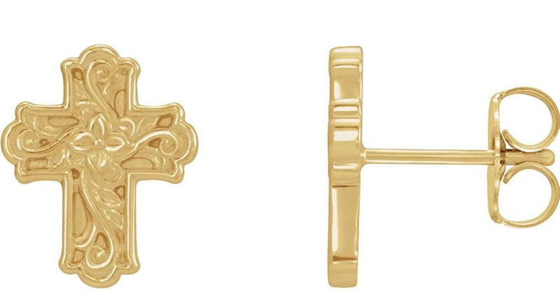 14k Yellow Gold Rose of Sharon Budded Cross Stud Earrings (11.75X9.52 MM)