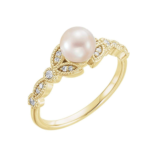 White Freshwater Cultured Pearl, Diamond Leaf Ring, 14k Yellow Gold (6-6.5mm)( .125 Ctw, Color G-H, Clarity I1) Size 6.25