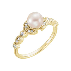 White Freshwater Cultured Pearl, Diamond Leaf Ring, 14k Yellow Gold (6-6.5mm)( .125 Ctw, Color G-H, Clarity I1) Size 7.75