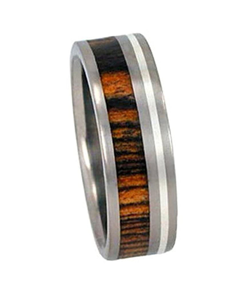 Bocote Wood, Inlaid Sterling Silver 7mm Comfort Fit Titanium Wedding Band, Size 10