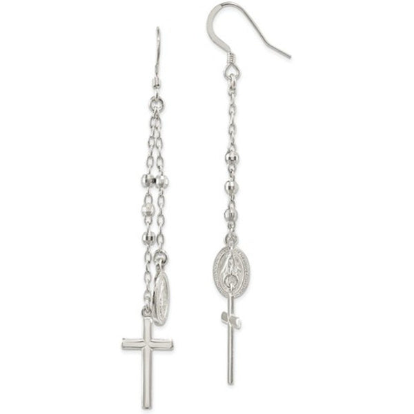 Sterling Silver Miraculous Medal and Cross Hook Earrings