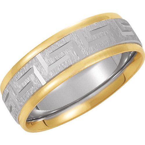 7mm 14k Yellow and White Gold Two-Tone Comfort-Fit Greek Key Design Band Sizes 4.5 to 15