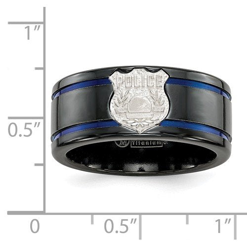 Edward Mirell Black Titanium Blue Anodized with SS Police Shield Tag 10mm Flat Band