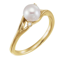 White Freshwater Cultured Pearl, Diamond Bypass Ring, 14k Yellow Gold (6.0-6.5mm)(.03Ctw, G-H Color, I1 Clarity)