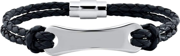 Black Leather and Stainless Steel ID Bracelet, 8"