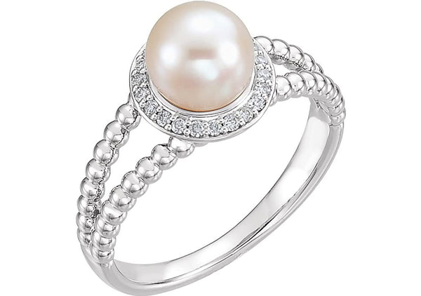 White Freshwater Cultured Pearl Diamond Halo 14k White Gold Ring (7-7.5 MM) (Color G-H, Clarity I1), Size 7.75