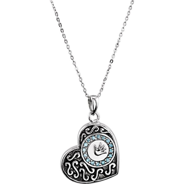 Antiqued Heart Ash Holder Necklace, Boy's Handprint with Blue CZs, Rhodium Plate Sterling Silver, 18"