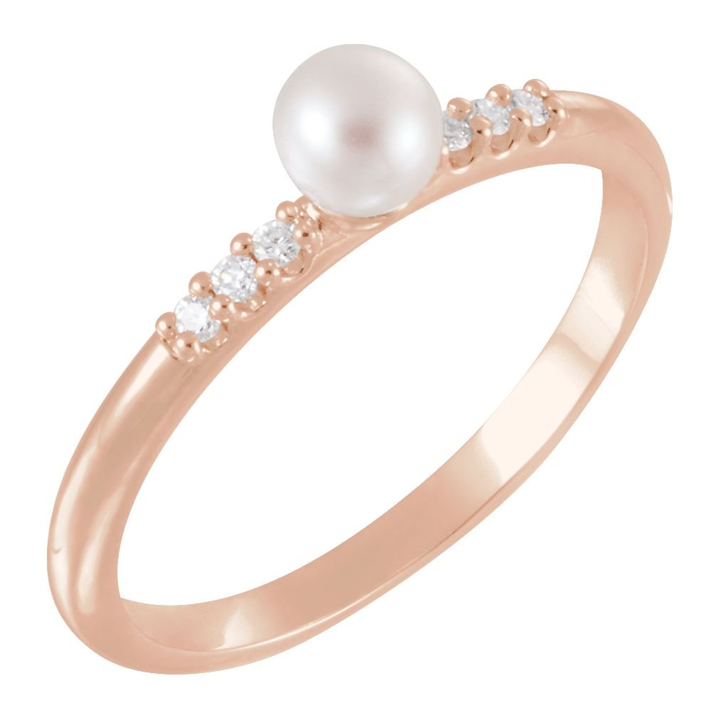 White Cultured Pearl, Diamond Stackable Ring, 14k Rose Gold (4-4.5mm)(.05Ctw, Color G-H, Clarity I1)