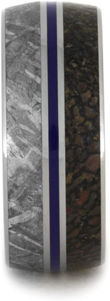 Gibeon Meteorite, Dinosaur Bone, Blue Pinstripe 9mm Comfort Fit Titanium Band, Size 15.25