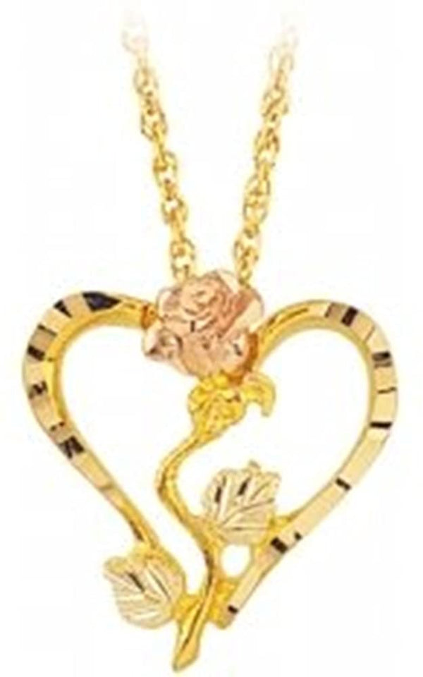 Heart Rose Pendant Necklace, 10k Yellow Gold, 12k Green and Rose Gold Black Hills Gold Motif, 18"