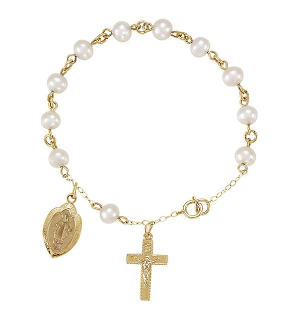 14k Yellow Gold and White Freshwater Cultured Pearls Miraculous Medal Rosary Bracelet, 6"