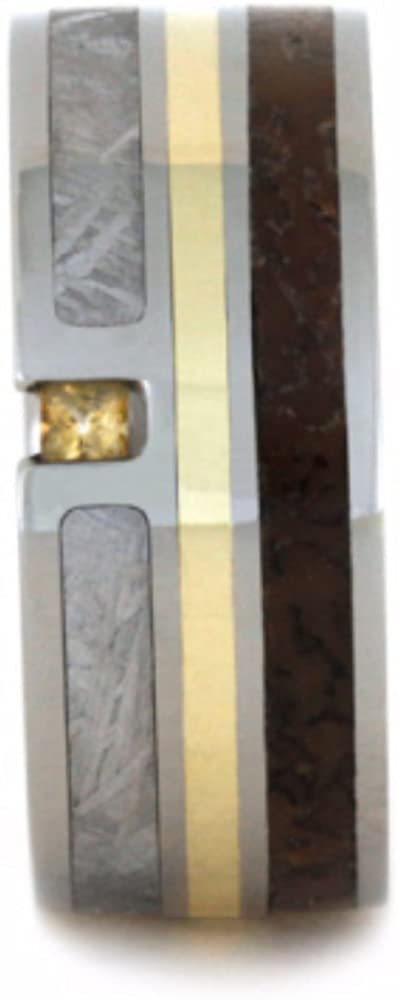 Honey Topaz, 14k Yellow Gold, Dinosaur Bone, Gibeon Meteorite 8mm Comfort-Fit Titanium Wedding Band, Size 9.5