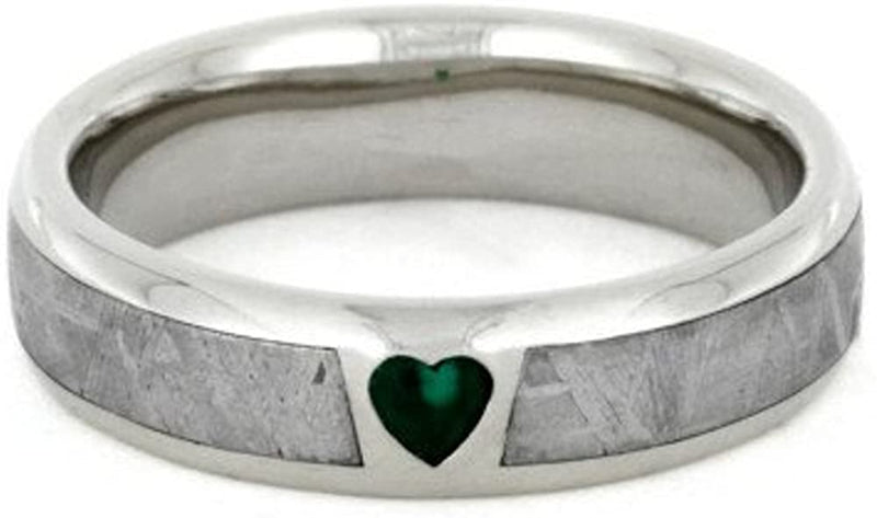Created Emerald, Gibeon Meteorite 14k White Gold Ring and Green Box Elder Burl Wood Titanium Band, Couples Ring Set, M10.5-F9.5