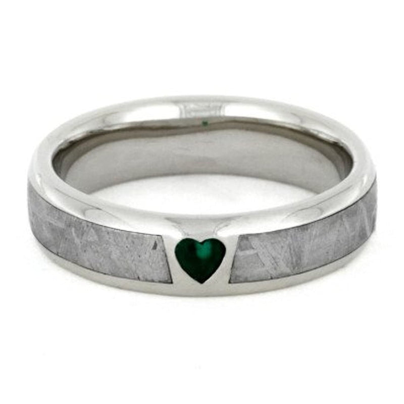 Created Emerald, Gibeon Meteorite 14k White Gold Ring and Green Box Elder Burl Wood Titanium Band, Couples Ring Set