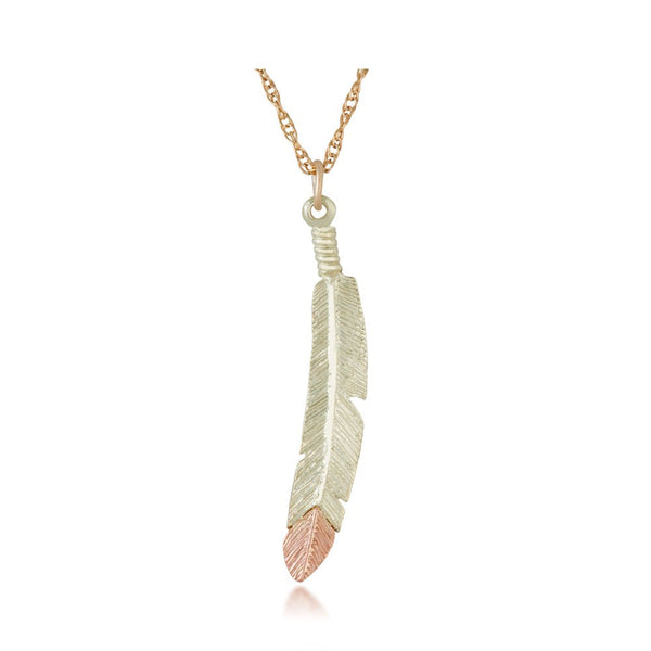 Two-Tone Feather Pendant Necklace, 10k Yellow Gold, 12k Green and Rose Gold Black Hills Gold Motif, 18"