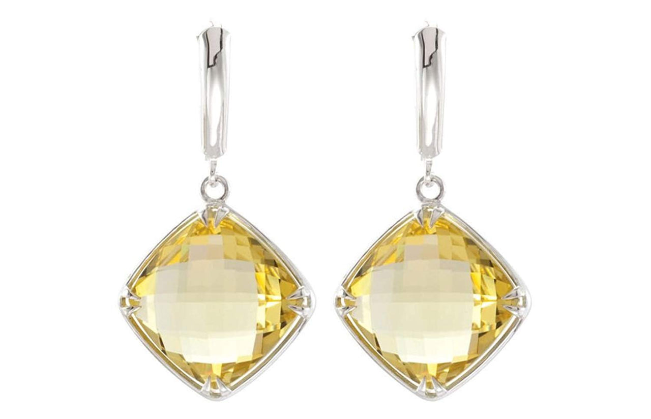 Two-Sided 19.84 Ctw Checkerboard Lemon Quartz Antique Cushion Sterling Silver Earrings