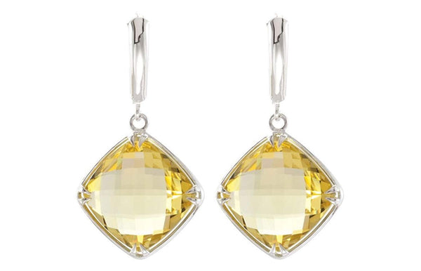 Two-Sided 19.84 Ctw Checkerboard Lemon Quartz Antique Cushion Sterling Silver Earrings